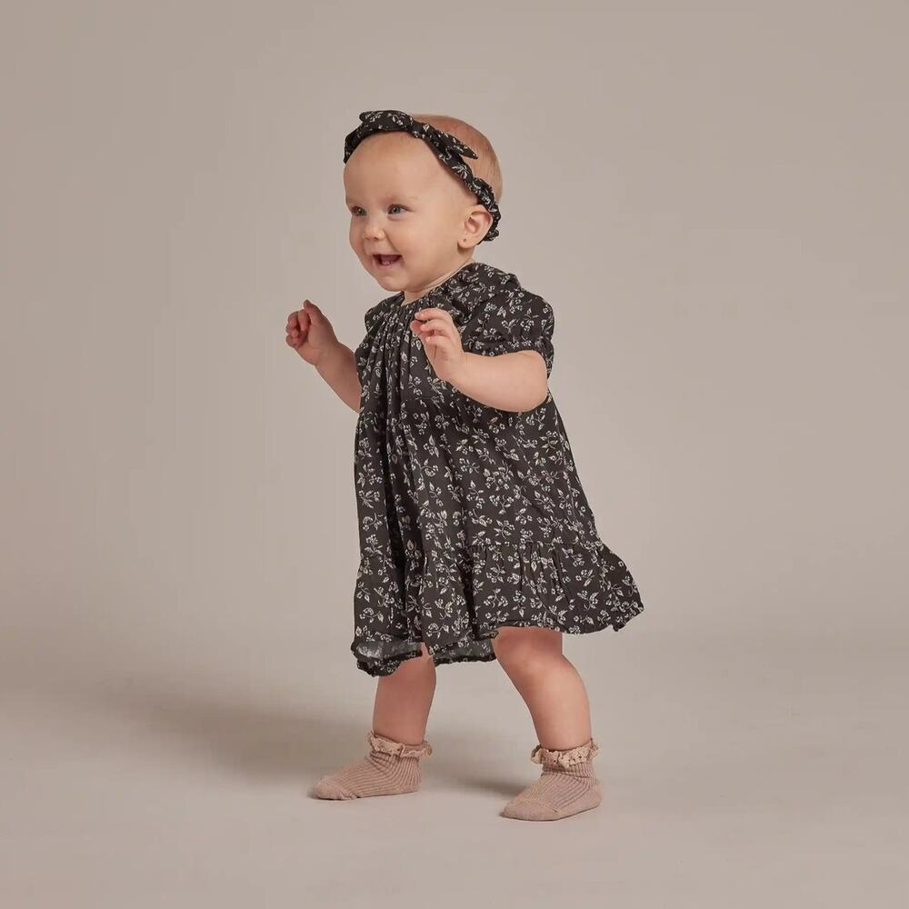 Rylee + Cru Willow Ruffle Flutter Sleeve A-Line Dress Dark Floral Black 6-12M